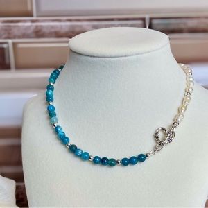 Handmade Blue Apatite and Freshwater Pearl Necklace, Handmade Jewelry